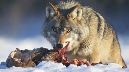 Obraz premium Gray wolf eating on deer carcass during winter - ai