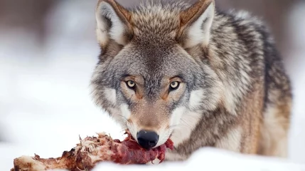 Gray wolf eating on deer carcass during winter  - ai © nelzajamal