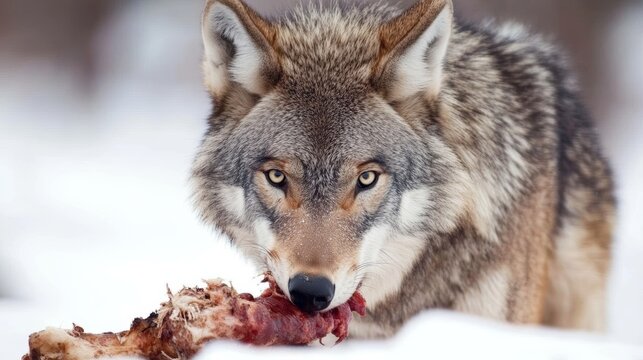 Gray wolf eating on deer carcass during winter  - ai