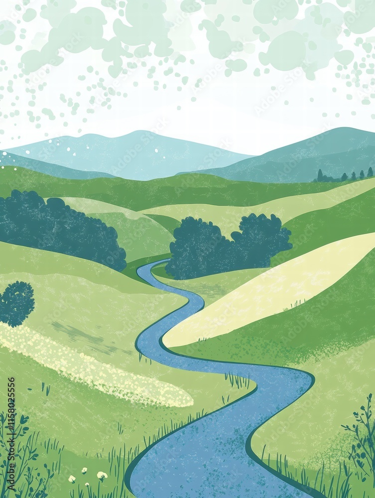 Poster Rolling hills with a winding river under a cloudy sky in a naive art style for creative mock up. Generative AI