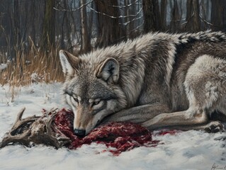 Obraz premium Gray wolf eating on deer carcass during winter - ai