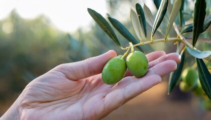 hand holding two green olives on a branch.