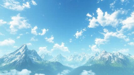 Majestic mountain peaks under a bright blue sky with fluffy clouds and ample copy space for text. Generative AI