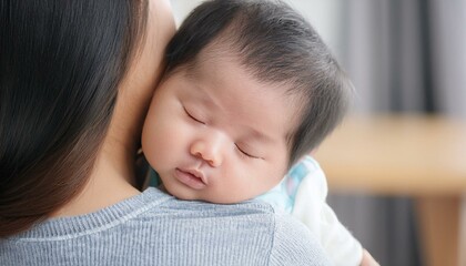 Obraz premium A baby is sleeping close to someone's shoulder.