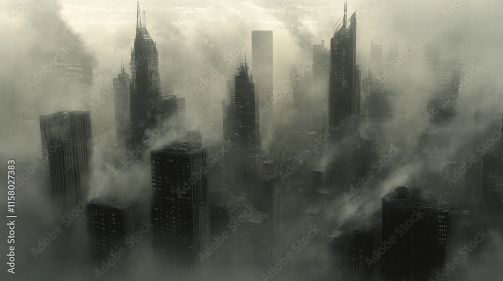 Poster dense smog blankets a city skyline during early morning hours, obscuring architectural details and c