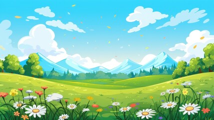 Fototapeta premium Idyllic Meadow Landscape with Majestic Mountains