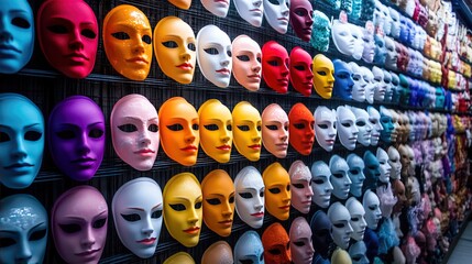 Fototapeta premium Colorful Display of Decorative Masks on a Wall for Artistic Inspiration