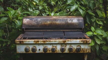 Abandoned Rusty Gas Grill Surrounded by Lush Green Foliage