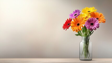 Fototapeta premium A beautifully arranged bouquet of mixed flowers in a glass vase, sitting on a rustic wooden table. The flowers are in full bloom, with vibrant colors like deep reds, pinks, yellows, and purples. 