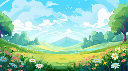 Obraz premium Serene Meadow Landscape Featuring Blooming Flowers and Distant Mountains