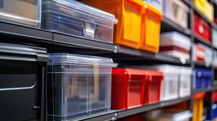 Obraz premium Colorful Storage Bins Organized on Shelves in a Modern Space