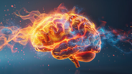 high-energy brain illustration showcasing the electrifying cognitive functions of thinking and analyzing with bright lighting
