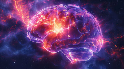 vivid brain art with electric energy visualizing cognitive functions like thinking, analyzing, and mental activity in high detail
