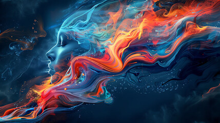 energetic blue and red face with waves flowing in a colorful abstract style conveying energy and movement in modern digital artwork
