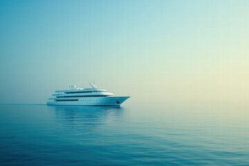 Fototapeta premium Luxury cruise ship glides effortlessly across calm azure waters under a serene sky at dusk. Generative AI