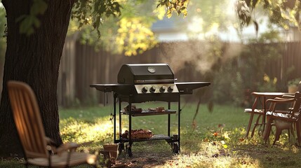 Naklejka premium Serene Outdoor Grill Setup in Sunlit Backyard with Greenery