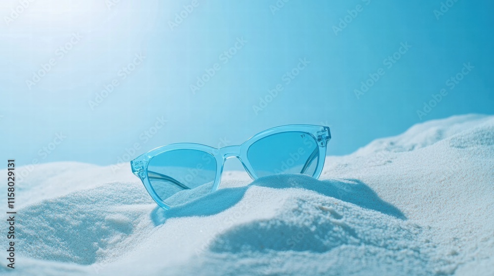 Poster summer vibes at the beach with stylish sunglasses resting on soft white sand. generative ai