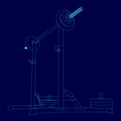 Blue drawing of a weightlifting machine with a barbell on it. The machine is designed to help people build muscle and strength