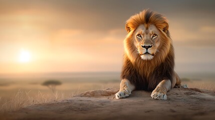 A majestic lion resting on a rocky outcrop in the African savannah, its golden mane blowing gently in the breeze. The lion's intense gaze is captured in sharp detail, with the sun casting a 