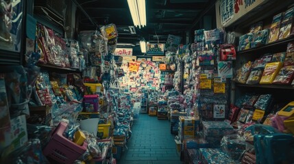 Fototapeta premium Colorful Aisle of Vintage Toys and Collectibles in Bustling Shop