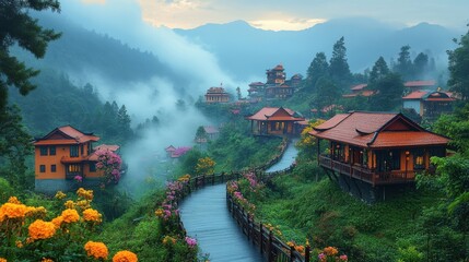Naklejka premium sapa valley city in the mist in the morning vietnam