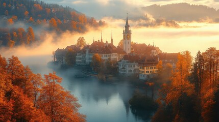 scenic panorama of a city in baden aargau switzerland in autumn with fog in background