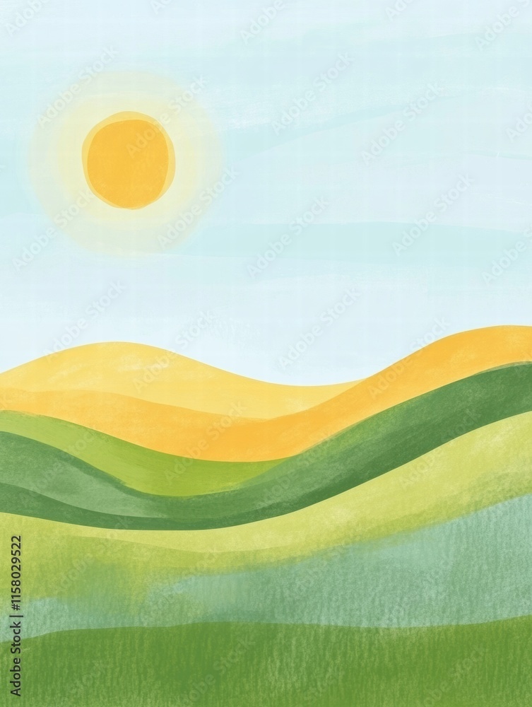 Poster Vibrant naive art style landscape with rolling hills and sun, perfect for mock up or copy space for creative projects. Generative AI