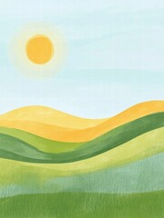 Vibrant naive art style landscape with rolling hills and sun, perfect for mock up or copy space for creative projects. Generative AI