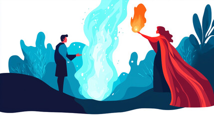 Flat-Style Illustrations of Two Sorcerers Battling with Magic in Dynamic Fantasy Settings