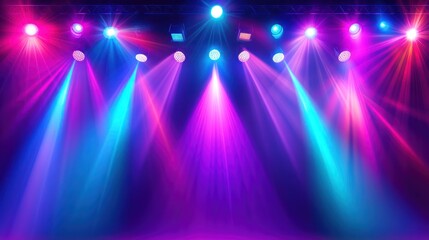 Vivid stage lighting illuminates an empty performance area.