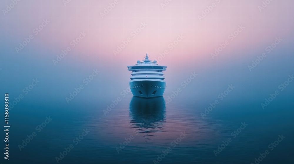 Poster luxury cruise ship glides through calm seas at dawn under a tranquil pastel sky with ample space for