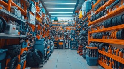 Naklejka premium Colorful Tool Store with Various Tools and Equipment for Purchase