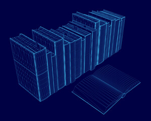 Stack of books is shown in a blue image. The books are arranged in a row, with the top book being the largest and the bottom book being the smallest. Concept of organization and order