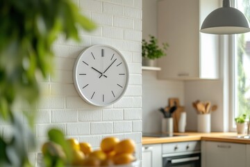 White clock on brick wall in modern kitchen.