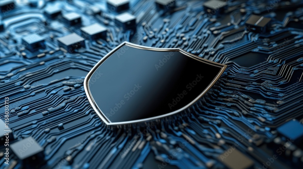 Aufkleber Digital Shield on Circuit Board Background Representing Cybersecurity and Data Protection in a Technological Environment with Blue Tones and Modern Design