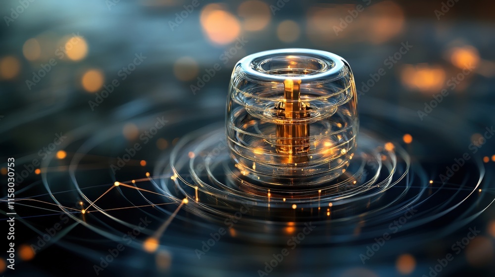 Poster Glowing Transparent Orb Floating Above Abstract Swirls with Golden Particles and Light Trails in a Mystical Digital Environment