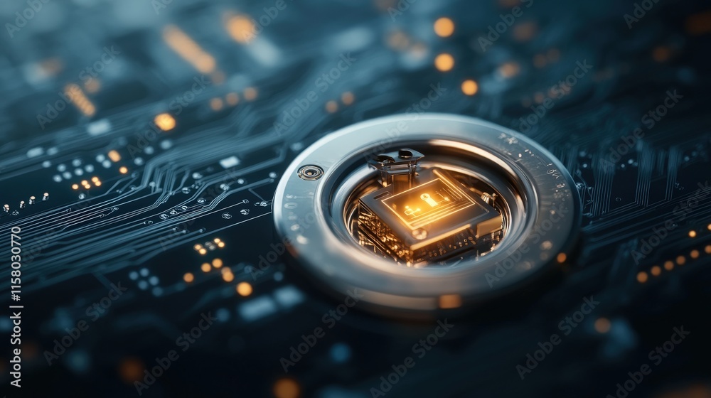 Poster Close-Up View of a Modern Microchip Surrounded by Circuit Patterns, Showcasing Intricate Technology Elements, Light Effects, and Digital Innovation in Electronics