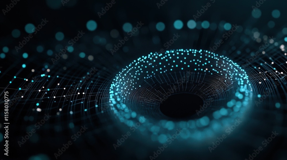 Poster Abstract representation of a swirling vortex made of luminous dots and lines, showcasing depth and technology in a digital world, perfect for backgrounds and visuals.