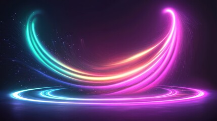 Obraz premium A glowing neon peacock spreading its radiant feathers in vibrant gradients of teal and orange, surrounded by swirling sparkles and faint glowing particles for a dynamic and elegant look. 