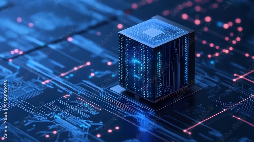 Poster Futuristic Quantum Computing Concept with a Mystical Cube Surrounded by Digital Circuitry and Glowing Data Streams in a High-Tech Environment