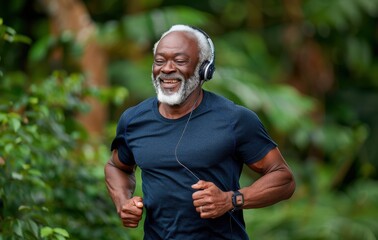 Obraz premium elderly Black man in athletic attire, smiling and running outdoors with trees in the background