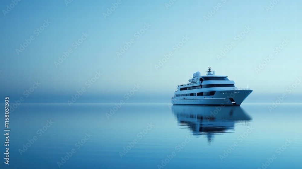 Poster luxury cruise ship navigating through serene waters with ample copy space for text placement and adv