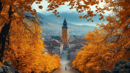 top view through the yellow trees of a small romanian city with the hills and mountain silhouette in the background