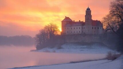 Fototapeta premium tyniec abbey in morning fog in sunrise time cracow malopolska poland