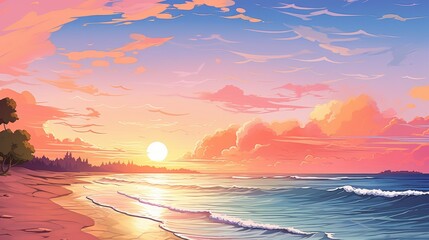 Serene Sunset Beach Scene Peaceful Ocean Waves