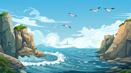 Fototapeta premium Ocean Scene With Cliffs Birds And Waves