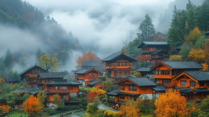 Obraz premium view of autumn scenery of xinduqiao town with tibetan style houses under misty fog in kangding county sichuan province china