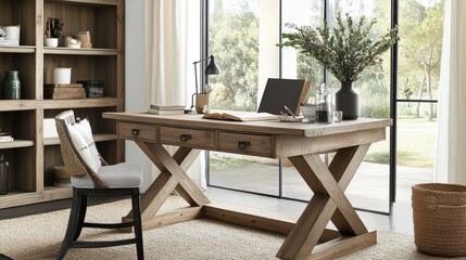 Fototapeta premium Elegant wooden desk setup with natural light and greenery accents