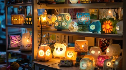 Fototapeta premium Colorful Decorative Lamps Illuminating a Cozy Market Stall Display