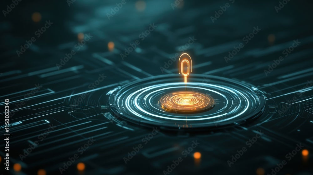 Poster Abstract glowing point in digital landscape with lines and circles representing data flow, technology connection, and virtual navigation in futuristic environment
